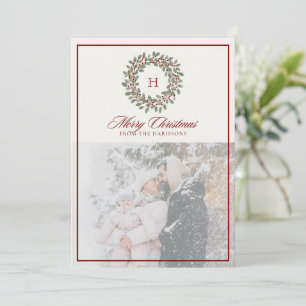Weihnachtskranz, Roter Rahmen, Monogramm-Foto Feiertagskarte