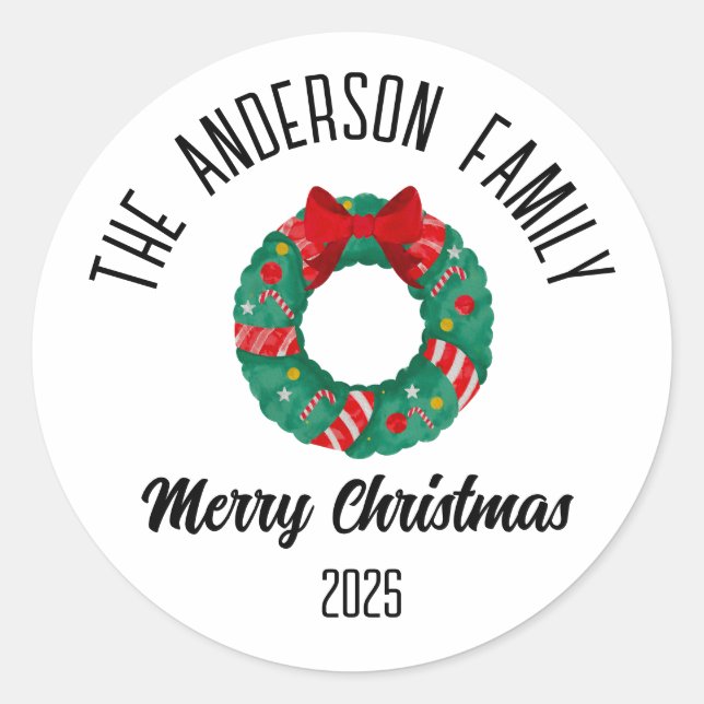 Weihnachtskranz rotes Band Lichter personalisierte Runder Aufkleber (Vorderseite)
