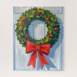 Weihnachtskranz rotes Band weiße Wasserfarbe Puzzle