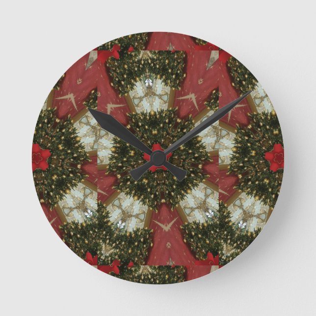 WeihnachtsKranz-rotes grünes Gold mit rotem Stern Runde Wanduhr (Vorderseite)