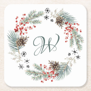 Weihnachtskranz Tannenbeere Schneeflocken Monogram Rechteckiger Pappuntersetzer