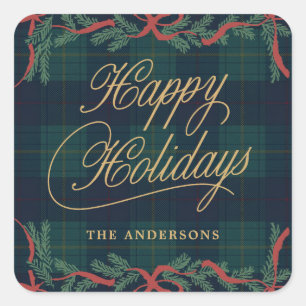 Weihnachtskranz-Tartan-Karo-Festgeschenk Quadratischer Aufkleber