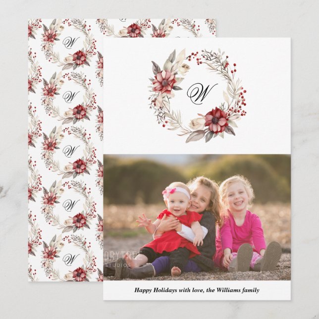 Weihnachtskranz und Monogramm Foto rot Feiertagskarte (Vorne/Hinten)