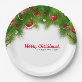 Weihnachtskranz und Rote Bulben und Geschenke Pap Pappteller