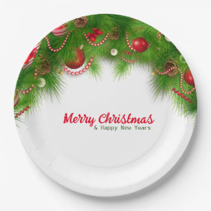 Weihnachtskranz und Rote Bulben und Geschenke Pap Pappteller