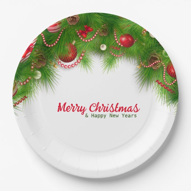 Weihnachtskranz und Rote Bulben und Geschenke Pap Pappteller (Vorderseite)