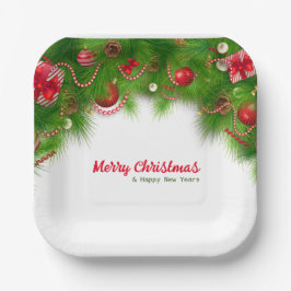 Weihnachtskranz und Rote Bulben und Geschenke Pappteller