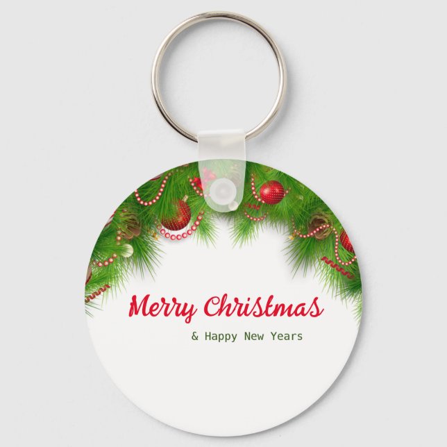 Weihnachtskranz und Rote Bulben und Geschenke Schlüsselanhänger (Vorderseite)