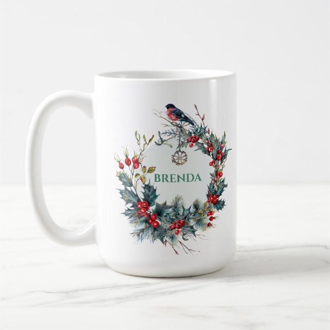 Weihnachtskranz und Roter Robin mit Monogramm Kaffeetasse (Links)