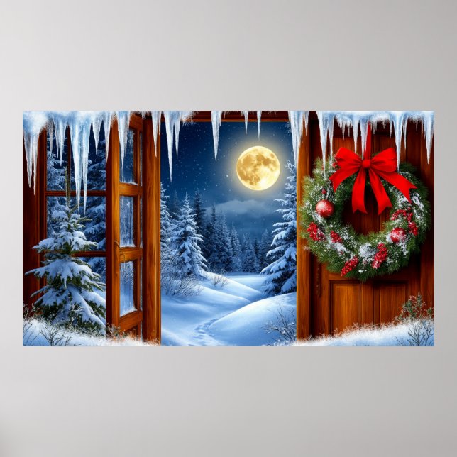 Weihnachtskranz 🎄 Verschneiter mondbeschienener W Poster (Vorne)