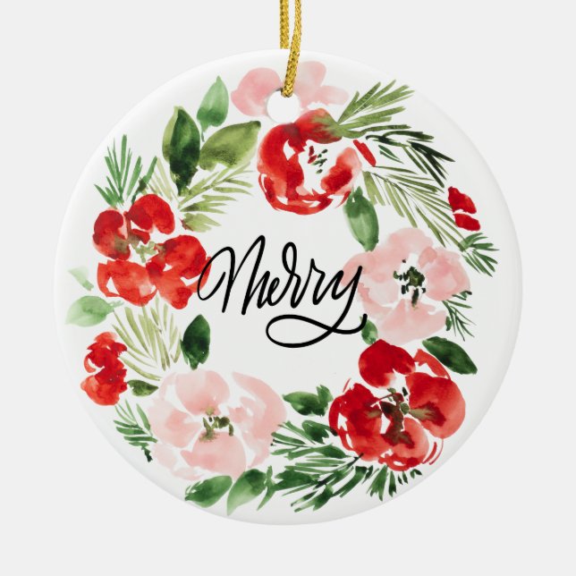 Weihnachtskranz Wasserfarbe Merry Foto Design Keramik Ornament (Vorne)