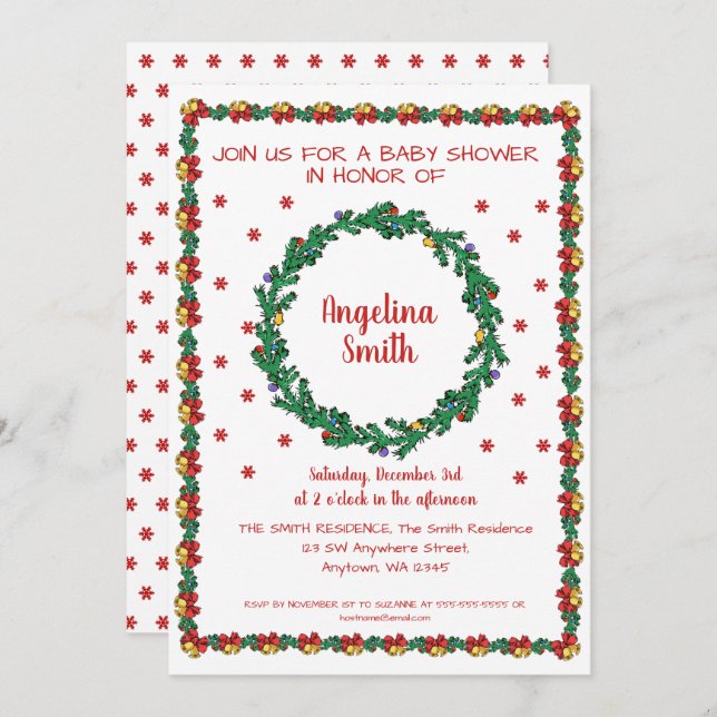 Weihnachtskränze & Garland Babydusche Einladung (Vorne/Hinten)