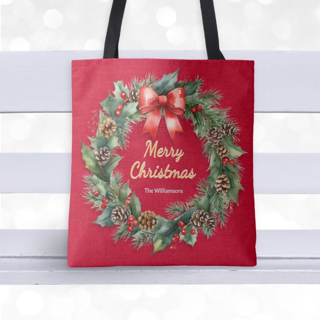 Weihnachtskrieg Festlicher Roter Individuelle Name (A festive tote bag with classic wreath illustration, 'Merry Christmas' greeting and custom name)