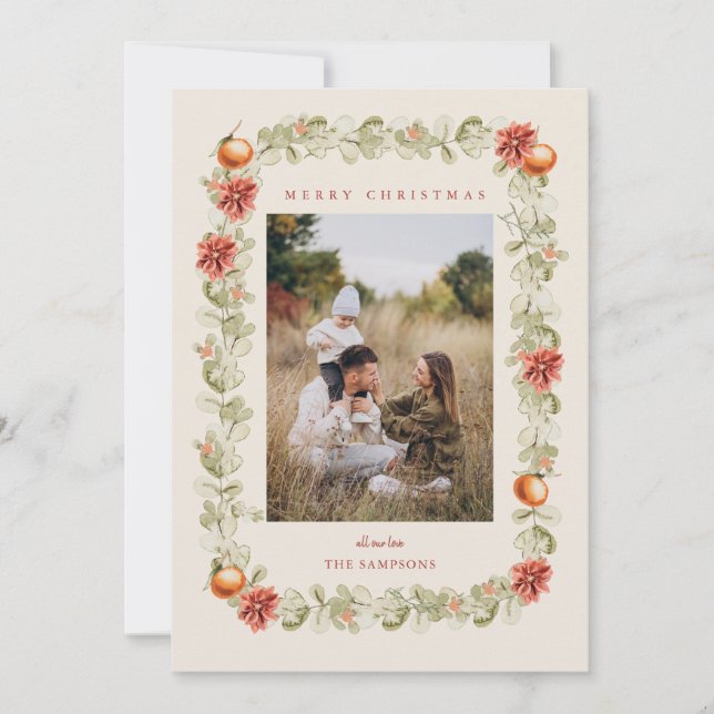 Weihnachtskrieg mit Orangen und Poinsettia Foto Einladung (Vorderseite)