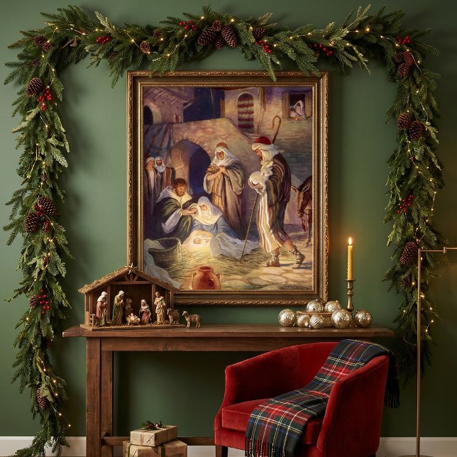 Weihnachtskrippe, 3 Hirten und Jesus Poster (Vintage illustration religious Christmas image featuring a classic nativity scene in the manger.)
