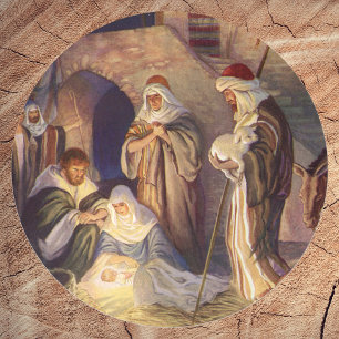 Weihnachtskrippe, 3 Hirten und Jesus Runder Aufkleber