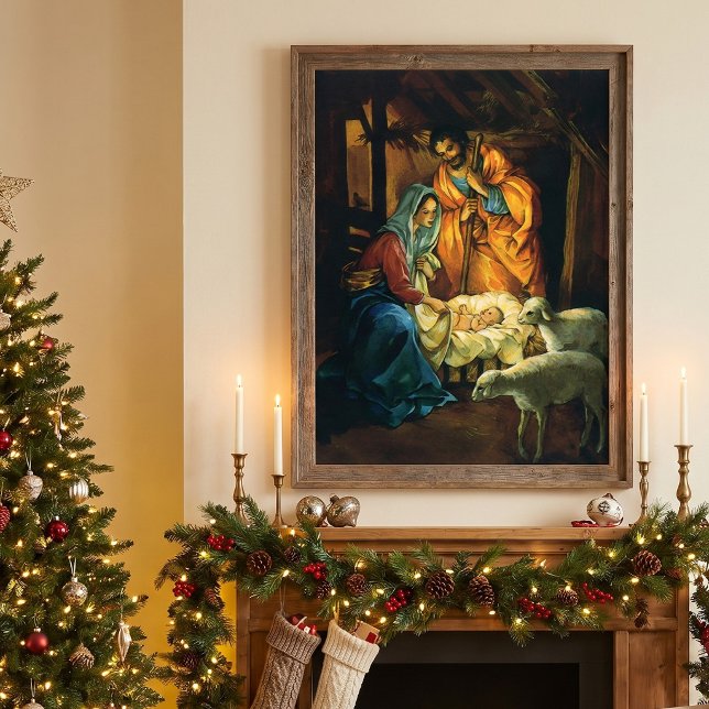 Weihnachtskrippe, Baby Jesus in Gefahr Poster (Vintage illustration religious Christmas image featuring a nativity scene, baby Jesus in the manger.)