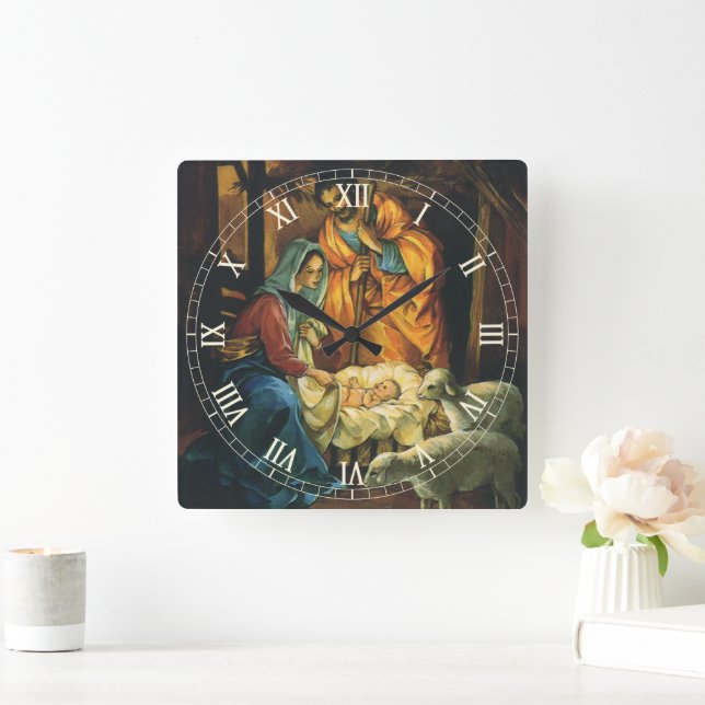 Weihnachtskrippe, Baby Jesus in Gefahr Quadratische Wanduhr (Zuhause)