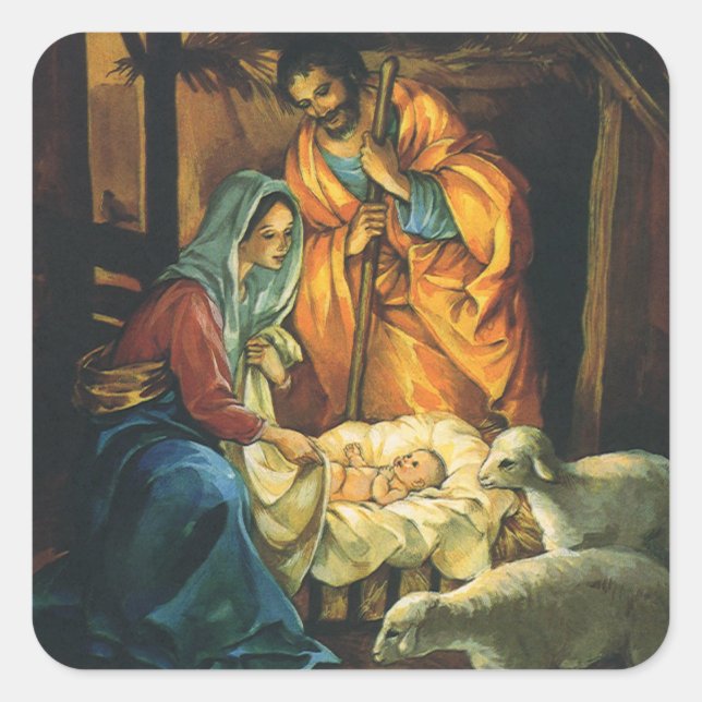 Weihnachtskrippe, Baby Jesus in Gefahr Quadratischer Aufkleber (Vorderseite)