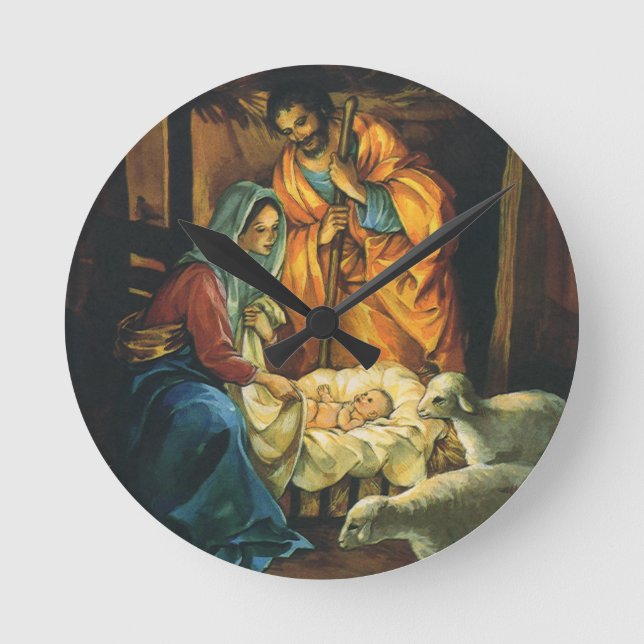 Weihnachtskrippe, Baby Jesus in Gefahr Runde Wanduhr (Vorderseite)