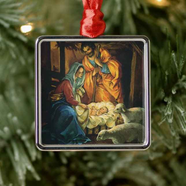 Weihnachtskrippe, Baby Jesus in Gefahr Silbernes Ornament (Baum)