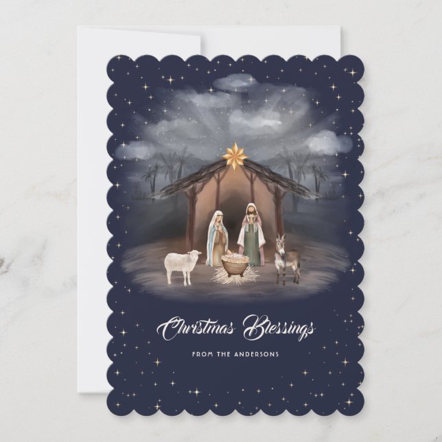Weihnachtskrippe Blaue Weihnachtsgrüße Christlich Feiertagskarte (Vorderseite)