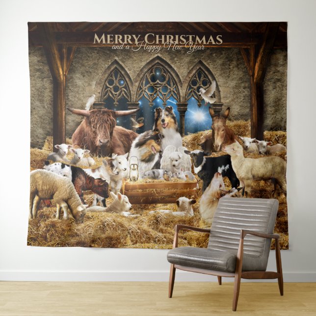Weihnachtskrippe für Alltiere mit rauen Colliesen  Wandteppich (Beispiel (Horizontal))