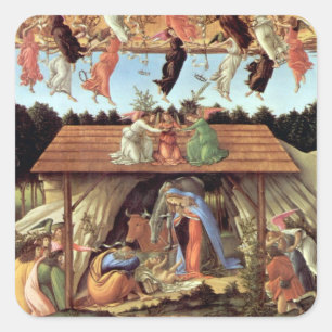 Weihnachtskrippe, Geburt Christi von Botticelli Quadratischer Aufkleber