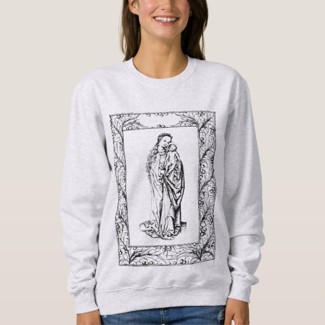 Weihnachtskrippe Madonna und Kind Holly Border Sweatshirt (Vorderseite)