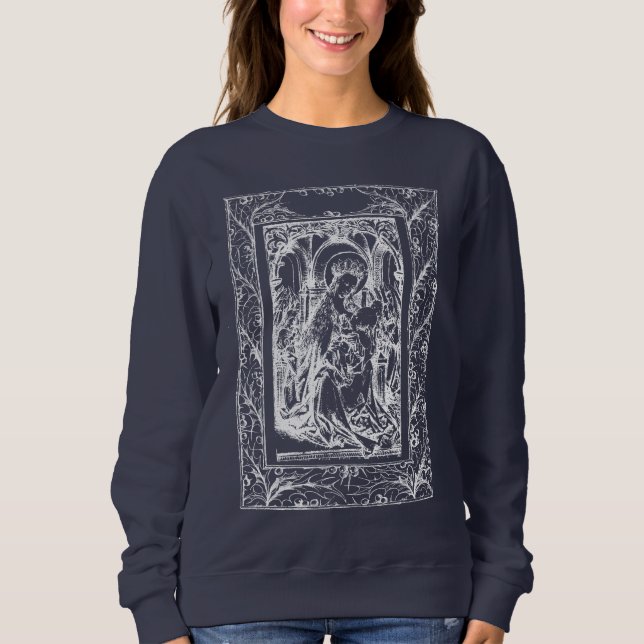 Weihnachtskrippe Madonna und Kind Holly Border Sweatshirt (Vorderseite)