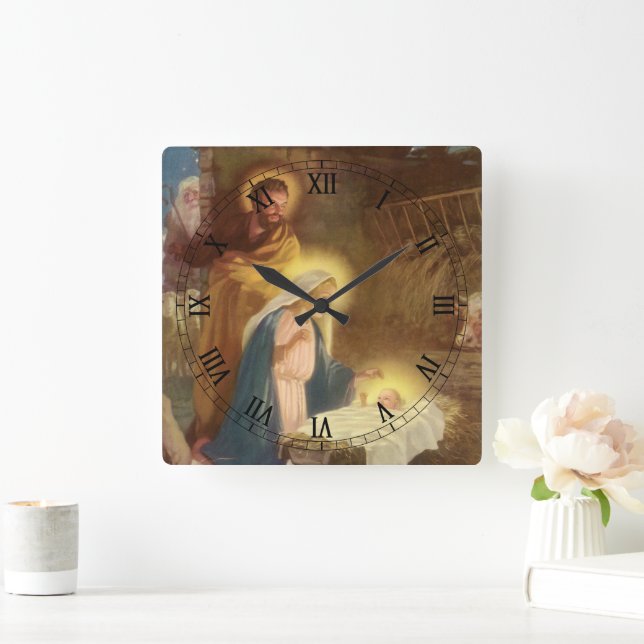 Weihnachtskrippe, Mary Joseph Baby Jesus Quadratische Wanduhr (Zuhause)