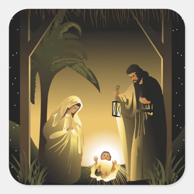 Weihnachtskrippe Mary, Joseph und Baby Jesus Quadratischer Aufkleber (Vorderseite)