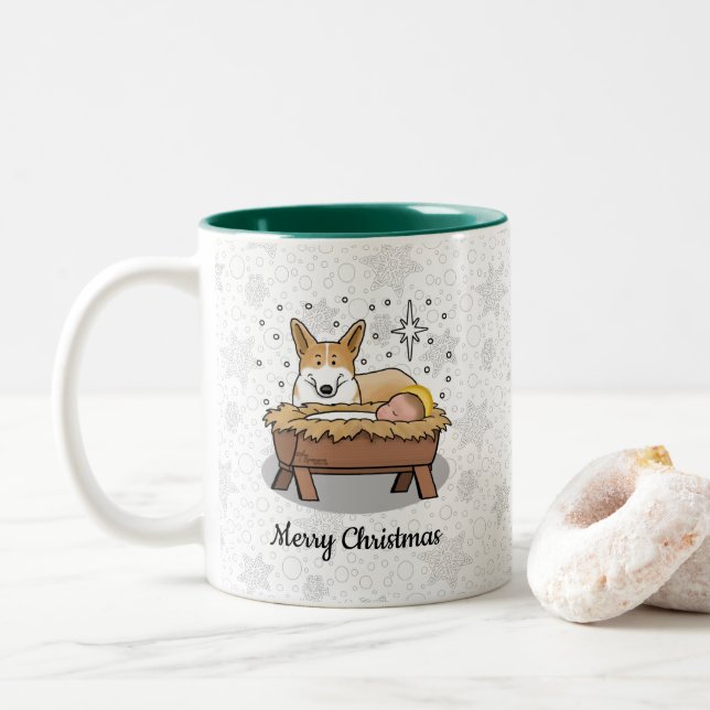Weihnachtskrippe Pembroke Walisischer Korgi (rot1) Zweifarbige Tasse (Mit Donut)