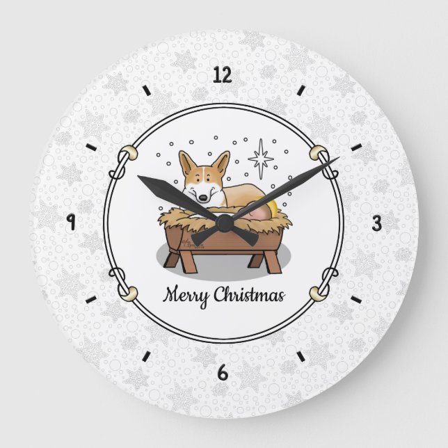 Weihnachtskrippe Pembroke Welsh Corgi (rot1) Spaß Große Wanduhr (Vorderseite)