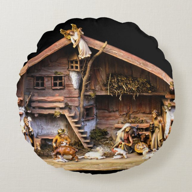 Weihnachtskrippe Rundes Kissen (Vorderseite)