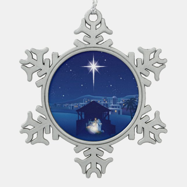 Weihnachtskrippe Schneeflocken Zinn-Ornament (Vorderseite)