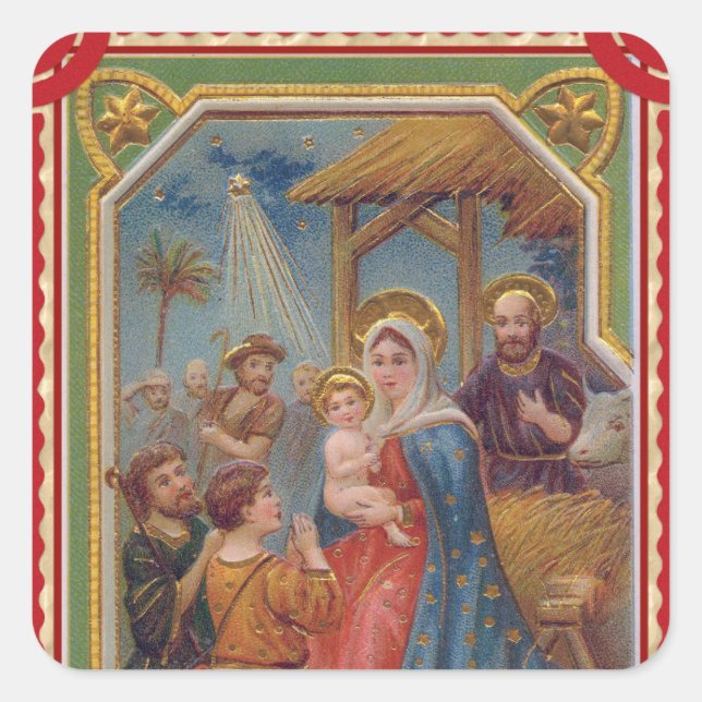 Weihnachtskrippe Vintages Design des Babys Jesus Quadratischer Aufkleber (Vorderseite)
