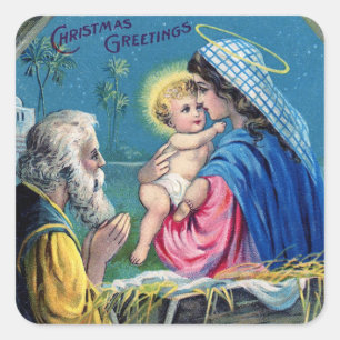 Weihnachtskrippe Vintages Design des Babys Jesus Quadratischer Aufkleber