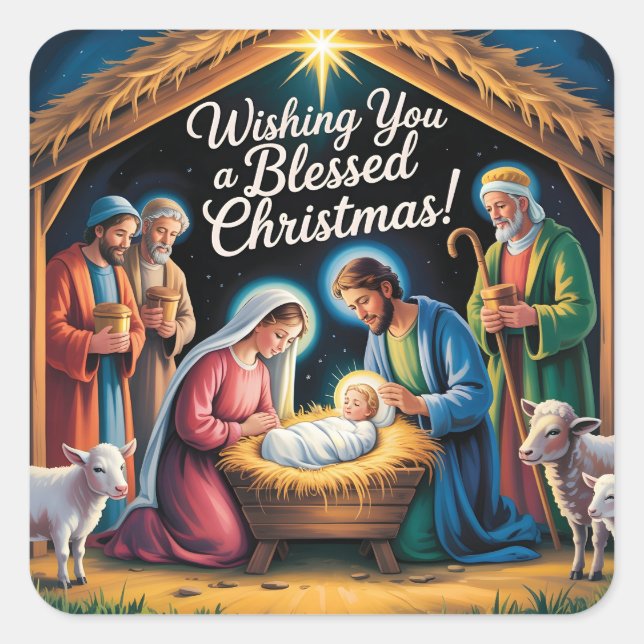 Weihnachtskrippengruß Quadratischer Aufkleber (Vorderseite)