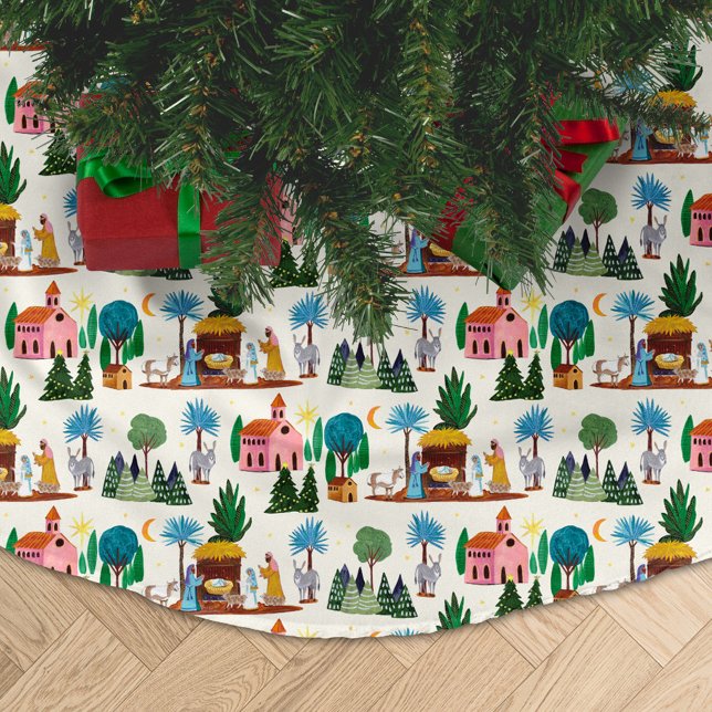 Weihnachtskrippenszene Ecru handgezeichnetes Weihn Polyester Weihnachtsbaumdecke (Nativity Scene Ecru Hand drawn Christmas Brushed Polyester Tree Skirt)