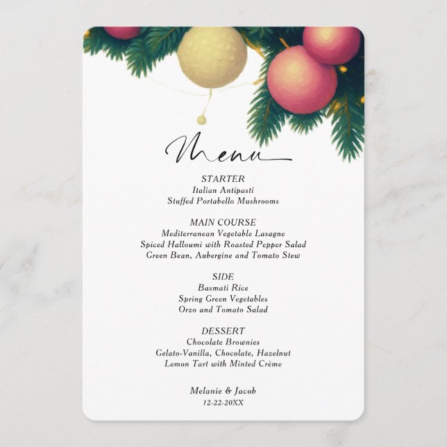 Weihnachtskugeln Hochzeitsmenü Menükarte (Vorderseite)
