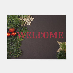 Weihnachtskugeln, Tannenzweig, Willkommen Fußmatte