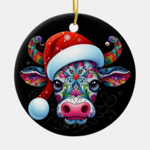 Weihnachtskuh Bull mit Weihnachtsmannmütze Mexikan Keramik Ornament