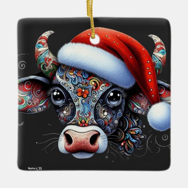 Weihnachtskuh Bull mit Weihnachtsmannmütze Mexikan Keramikornament (Vorderseite)