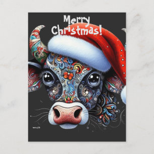 Weihnachtskuh Bull mit Weihnachtsmannmütze Mexikan Postkarte
