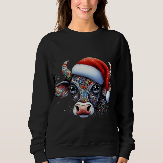 Weihnachtskuh Bull mit Weihnachtsmannmütze Mexikan Sweatshirt (Vorderseite)