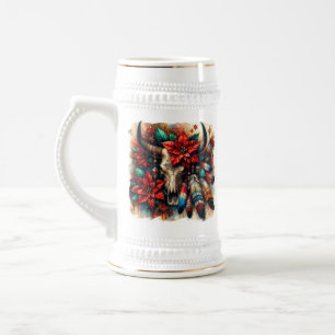 Weihnachtskuh Bull Skull Poinsettias Feathers Bierglas