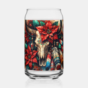 Weihnachtskuh Bull Skull Poinsettias Feathers Dosenglas