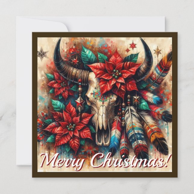 Weihnachtskuh Bull Skull Poinsettias Feathers Feiertagskarte (Vorderseite)