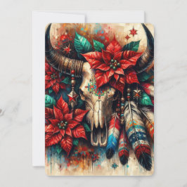 Weihnachtskuh Bull Skull Poinsettias Feathers Feiertagskarte
